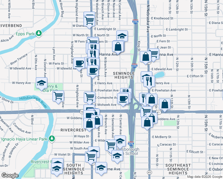 map of restaurants, bars, coffee shops, grocery stores, and more near 5702 North Seminole Avenue in Tampa