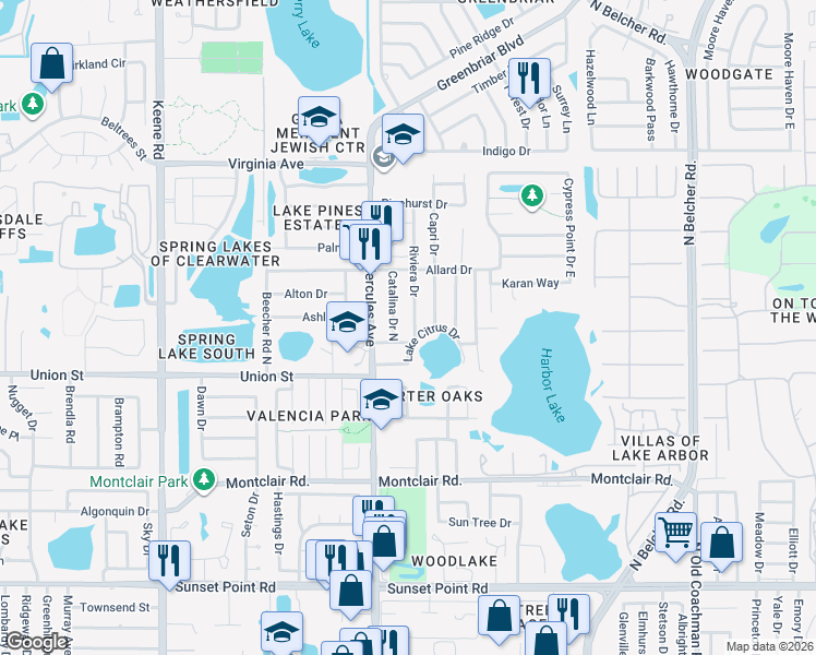 map of restaurants, bars, coffee shops, grocery stores, and more near 2132 Riviera Drive in Clearwater
