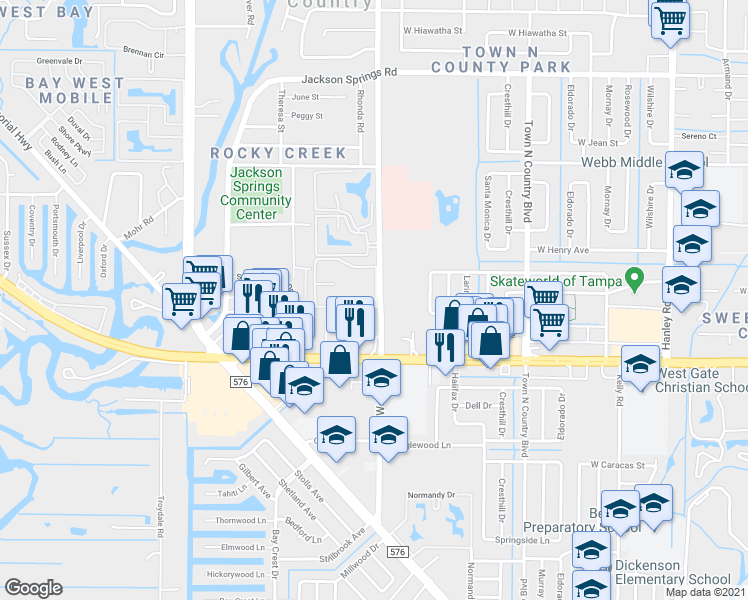 map of restaurants, bars, coffee shops, grocery stores, and more near 105 Wood Forest Drive in Town 'n' Country