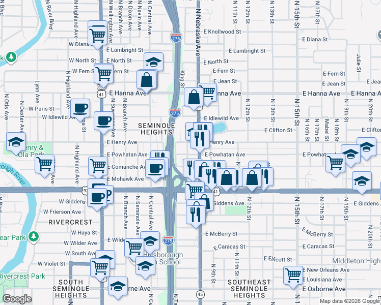 map of restaurants, bars, coffee shops, grocery stores, and more near 5701 North Miami Avenue in Tampa