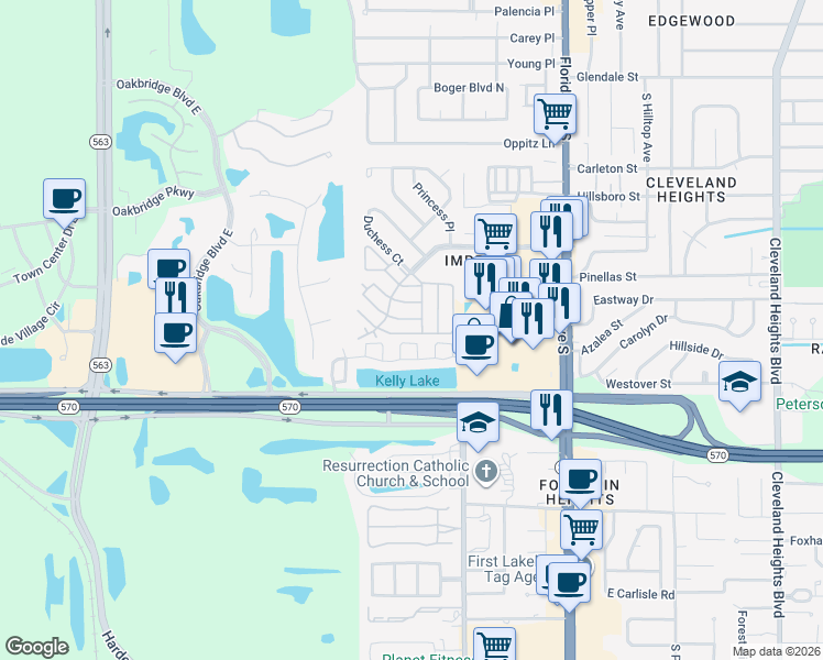 map of restaurants, bars, coffee shops, grocery stores, and more near 507 Cameo Drive in Lakeland