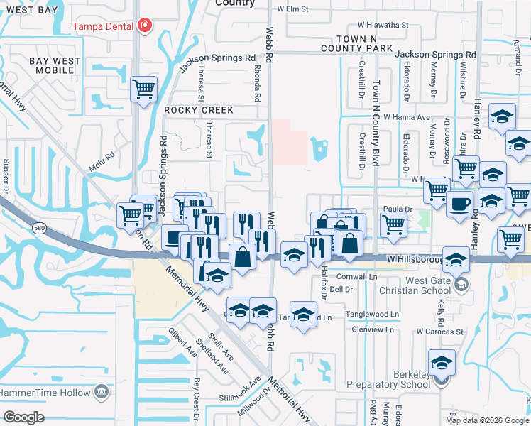 map of restaurants, bars, coffee shops, grocery stores, and more near 105 Wood Forest Drive in Town 'n' Country