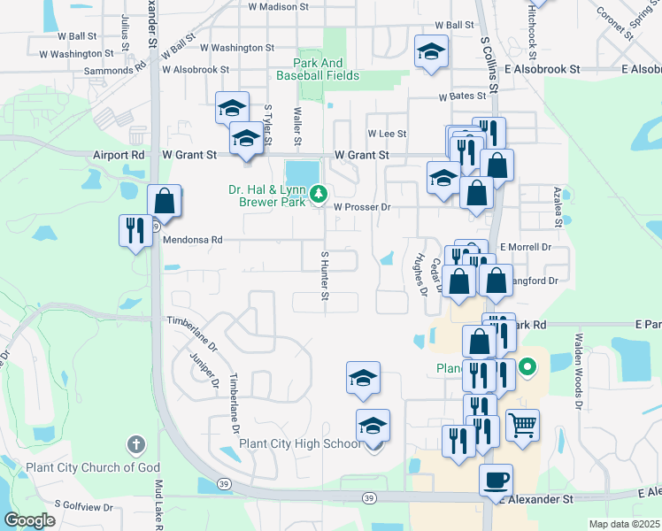 map of restaurants, bars, coffee shops, grocery stores, and more near 1606 South Hunter Street in Plant City