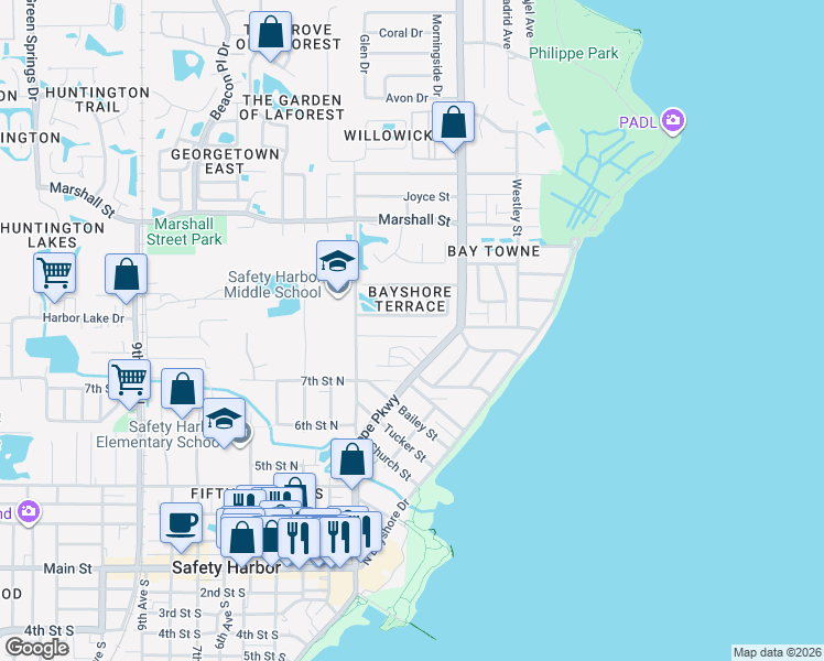 map of restaurants, bars, coffee shops, grocery stores, and more near 819 Duval Court in Safety Harbor