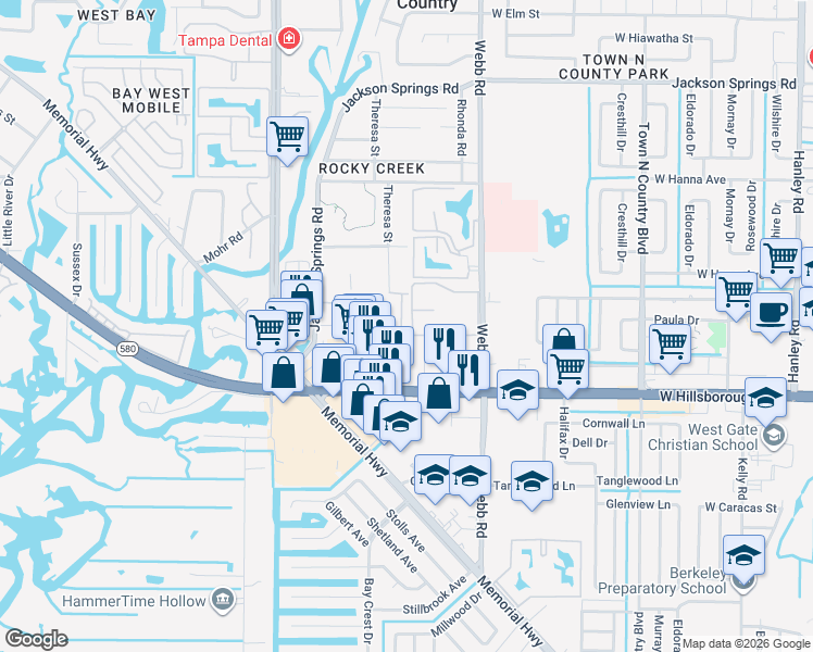 map of restaurants, bars, coffee shops, grocery stores, and more near 5709 Desert Rose Place in Tampa