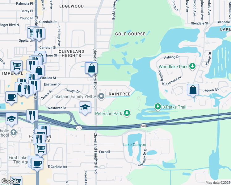 map of restaurants, bars, coffee shops, grocery stores, and more near 3577 Raintree Lane in Lakeland
