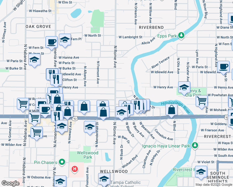 map of restaurants, bars, coffee shops, grocery stores, and more near 5707 North Rome Avenue in Tampa