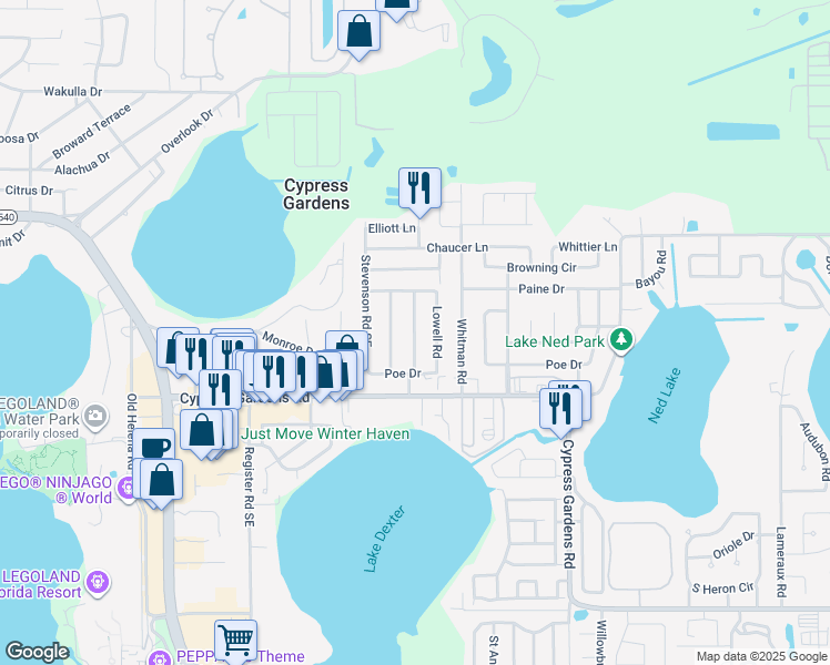 map of restaurants, bars, coffee shops, grocery stores, and more near 125 Hawthorne Road in Winter Haven