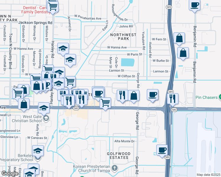map of restaurants, bars, coffee shops, grocery stores, and more near 6520 West Comanche Avenue in Tampa