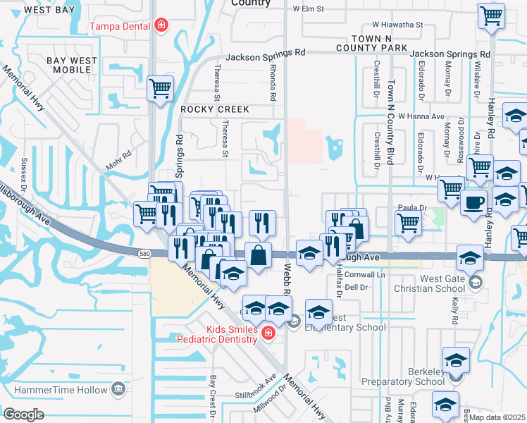 map of restaurants, bars, coffee shops, grocery stores, and more near 5504 Pine Forest Court in Tampa