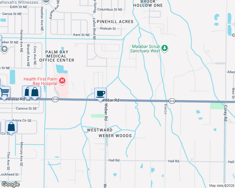 map of restaurants, bars, coffee shops, grocery stores, and more near 880 Malabar Road in Malabar