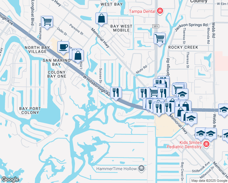 map of restaurants, bars, coffee shops, grocery stores, and more near 9133 Tudor Drive in Tampa