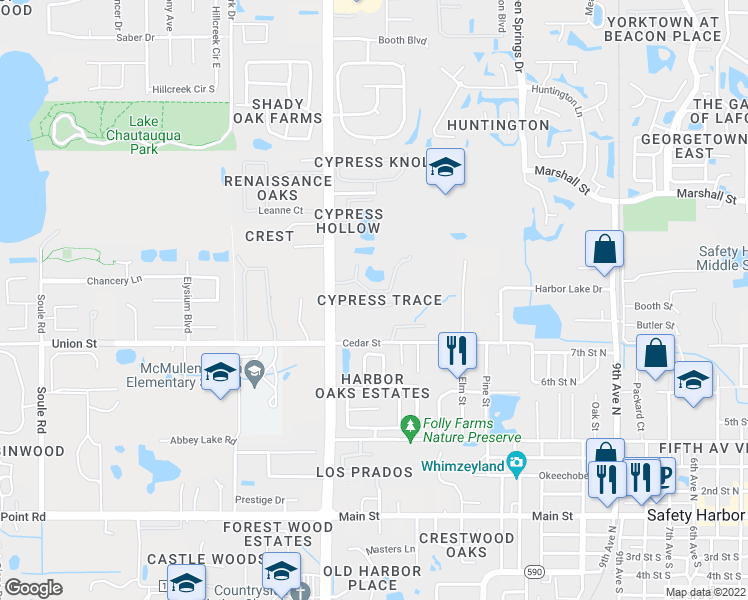 map of restaurants, bars, coffee shops, grocery stores, and more near 1735 Cypress Trace Drive in Safety Harbor
