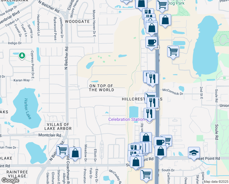 map of restaurants, bars, coffee shops, grocery stores, and more near 2455 Finlandia Lane in Clearwater
