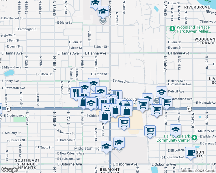 map of restaurants, bars, coffee shops, grocery stores, and more near 2014 East Powhatan Avenue in Tampa