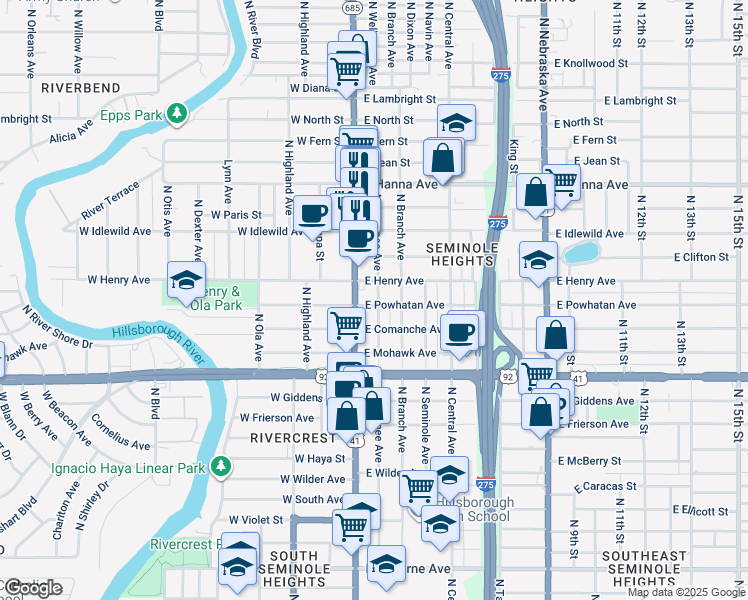 map of restaurants, bars, coffee shops, grocery stores, and more near 5703 North Suwanee Avenue in Tampa