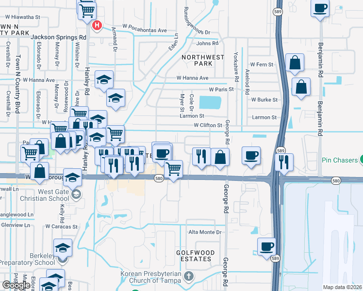 map of restaurants, bars, coffee shops, grocery stores, and more near 6520 West Comanche Avenue in Tampa