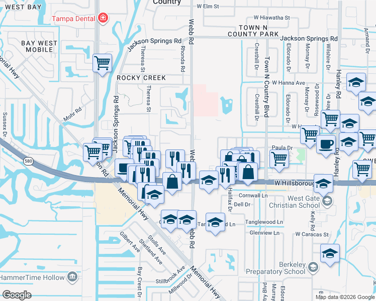 map of restaurants, bars, coffee shops, grocery stores, and more near 105 Wood Forest Drive in Town 'n' Country