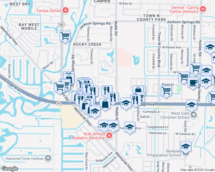 map of restaurants, bars, coffee shops, grocery stores, and more near 5504 Pine Forest Court in Tampa
