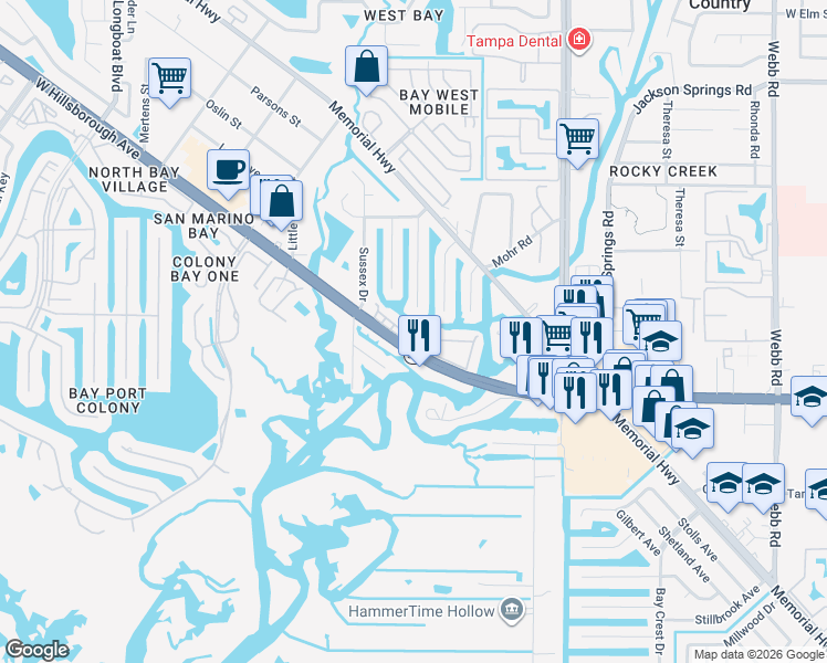 map of restaurants, bars, coffee shops, grocery stores, and more near 9133 Tudor Drive in Tampa