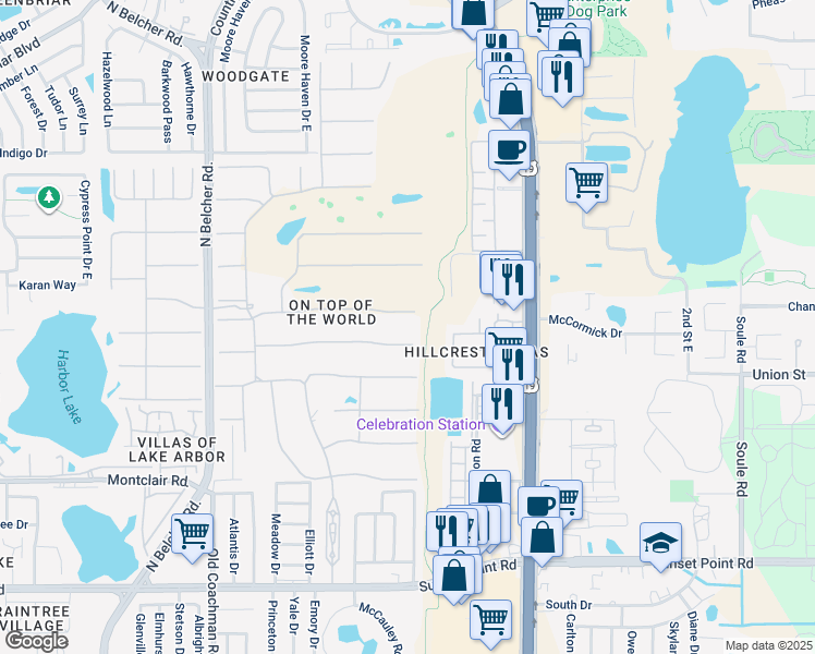 map of restaurants, bars, coffee shops, grocery stores, and more near 2467 Finlandia Lane in Clearwater