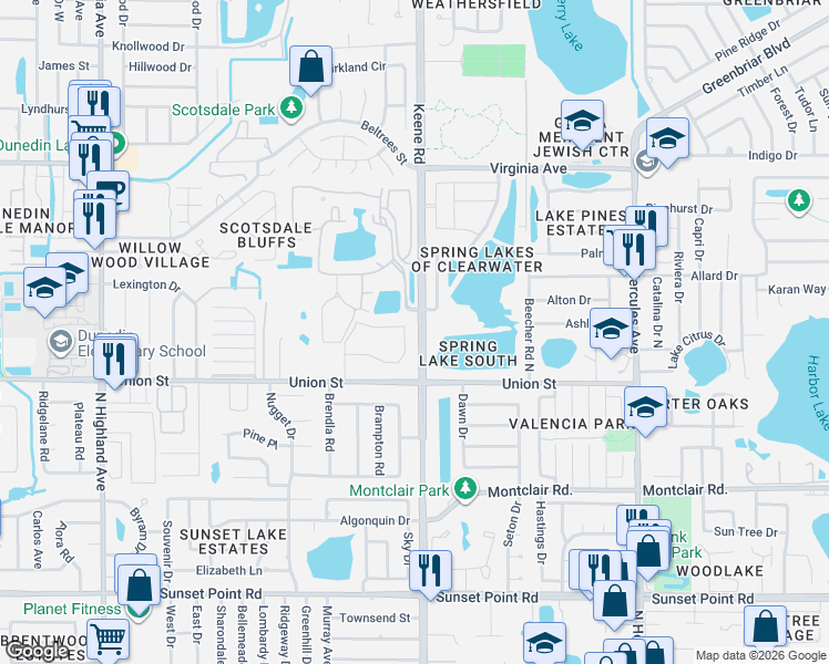 map of restaurants, bars, coffee shops, grocery stores, and more near 1465 Millstream Lane in Dunedin