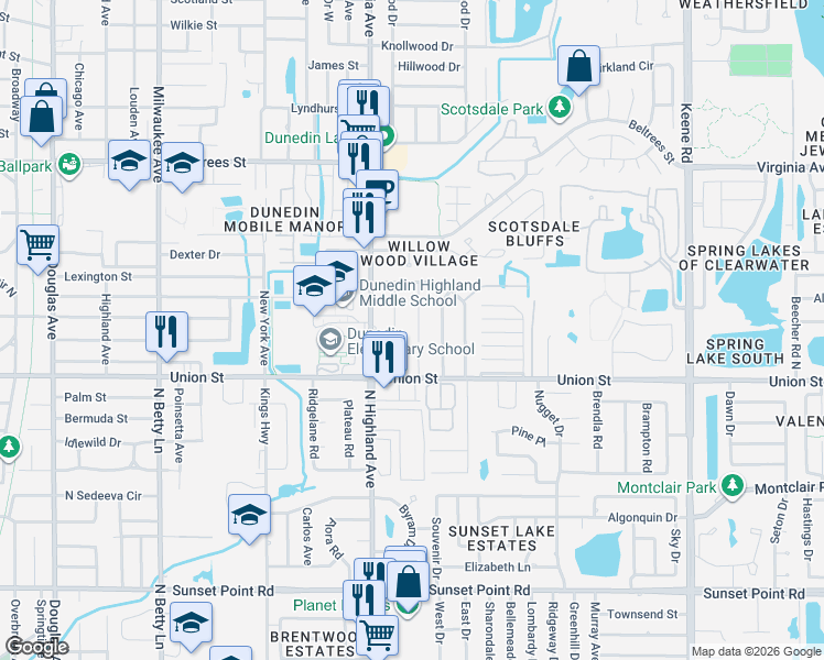 map of restaurants, bars, coffee shops, grocery stores, and more near 63 Oakwood Drive in Dunedin