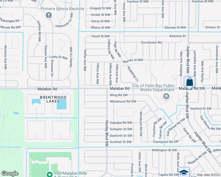 map of restaurants, bars, coffee shops, grocery stores, and more near 1285 Malabar Road in Palm Bay