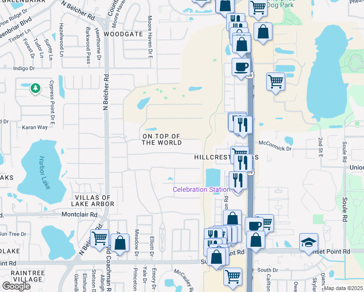 map of restaurants, bars, coffee shops, grocery stores, and more near 2455 Finlandia Lane in Clearwater