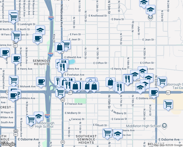 map of restaurants, bars, coffee shops, grocery stores, and more near 1222 East Powhatan Avenue in Tampa
