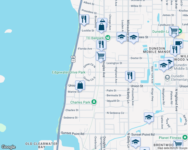 map of restaurants, bars, coffee shops, grocery stores, and more near 54 Broadway in Dunedin