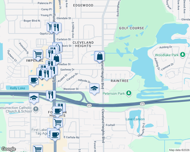 map of restaurants, bars, coffee shops, grocery stores, and more near 614 Carolyn Drive in Lakeland