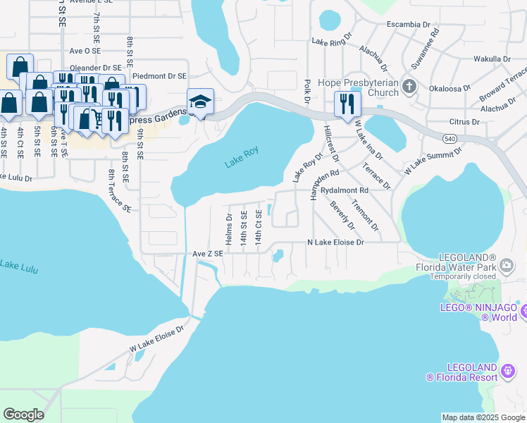 map of restaurants, bars, coffee shops, grocery stores, and more near 2508 14th Court Southeast in Winter Haven