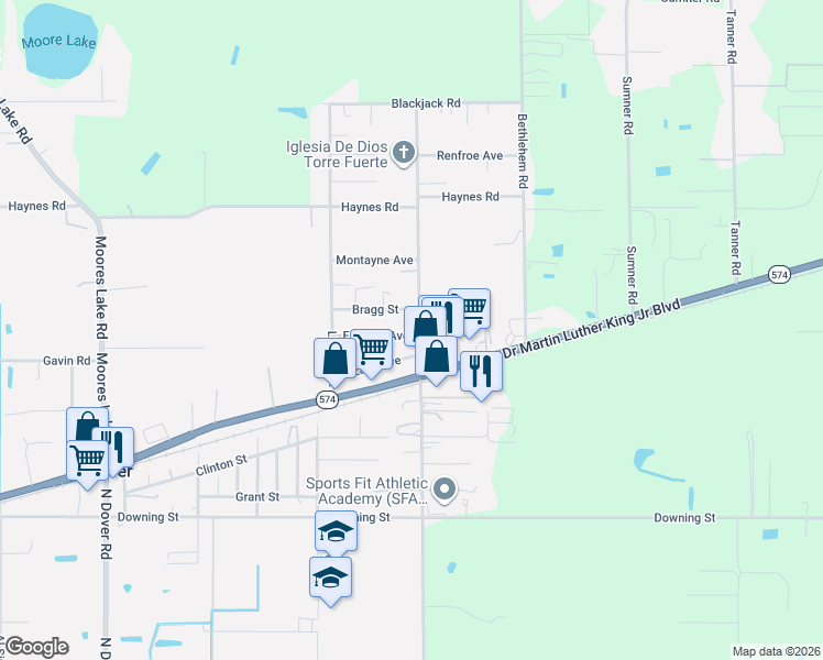 map of restaurants, bars, coffee shops, grocery stores, and more near 14654 Franklin Avenue in Dover