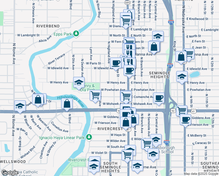 map of restaurants, bars, coffee shops, grocery stores, and more near 209 West Powhatan Avenue in Tampa