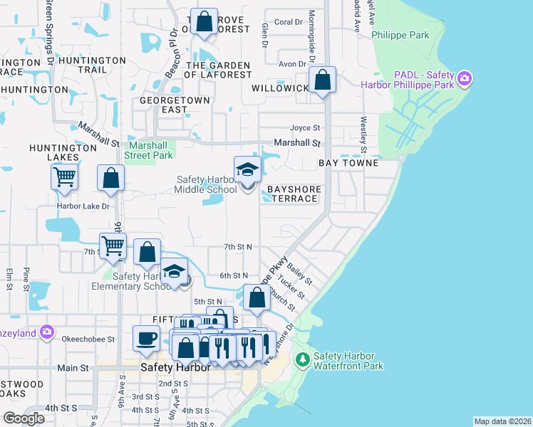 map of restaurants, bars, coffee shops, grocery stores, and more near 805 Duval Court in Safety Harbor