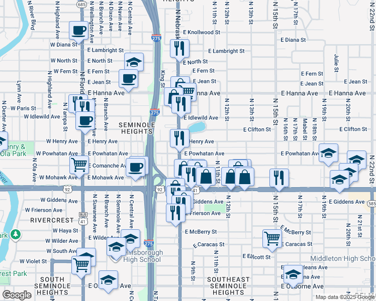 map of restaurants, bars, coffee shops, grocery stores, and more near 5704 North 9th Street in Tampa