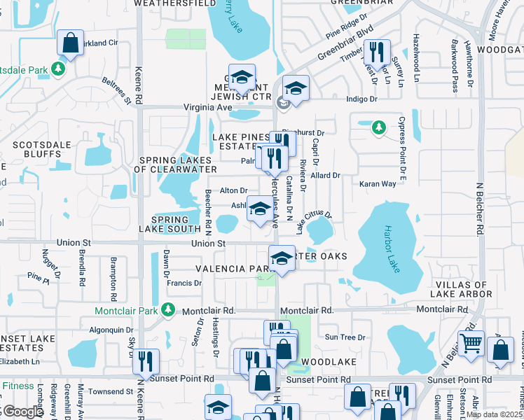 map of restaurants, bars, coffee shops, grocery stores, and more near 1985 Ashland Drive in Clearwater