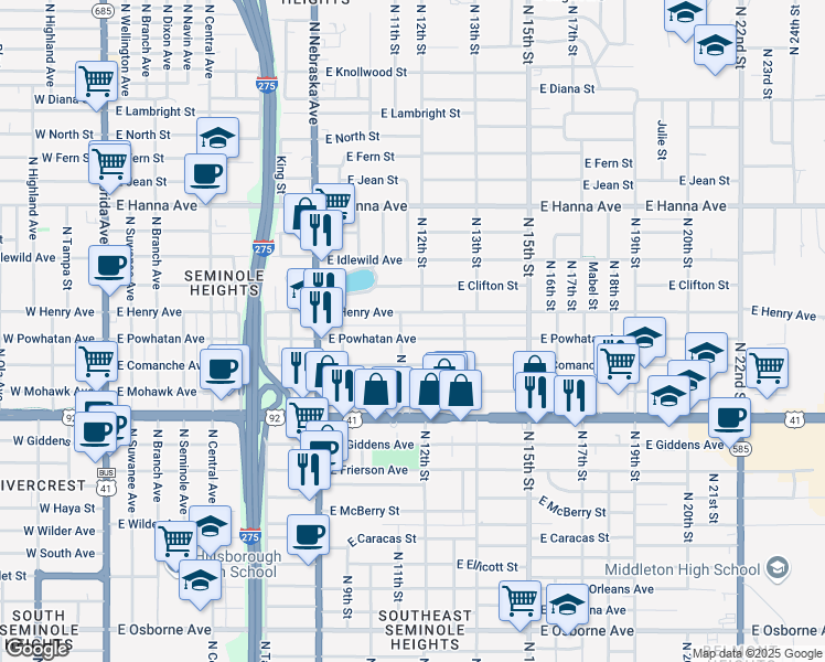 map of restaurants, bars, coffee shops, grocery stores, and more near 1204 East Powhatan Avenue in Tampa