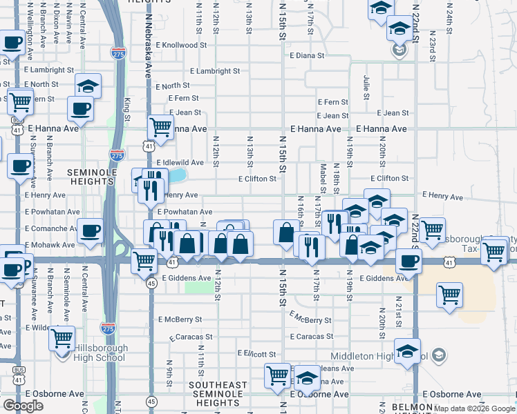 map of restaurants, bars, coffee shops, grocery stores, and more near 1412 East Powhatan Avenue in Tampa
