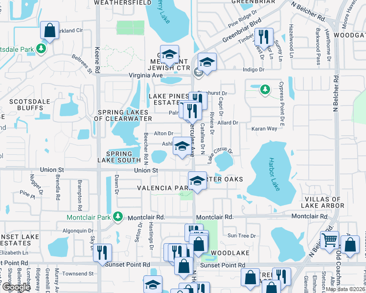 map of restaurants, bars, coffee shops, grocery stores, and more near 1985 Ashland Drive in Clearwater