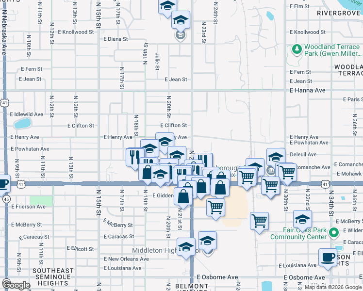 map of restaurants, bars, coffee shops, grocery stores, and more near 2014 East Powhatan Avenue in Tampa