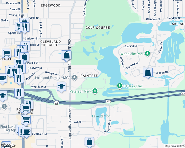 map of restaurants, bars, coffee shops, grocery stores, and more near 3570 Raintree Terrace in Lakeland