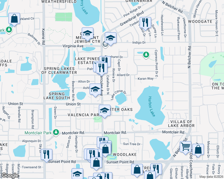 map of restaurants, bars, coffee shops, grocery stores, and more near 2132 Riviera Drive in Clearwater