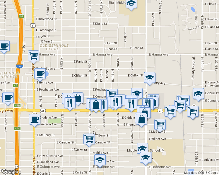 map of restaurants, bars, coffee shops, grocery stores, and more near 1710 East Powhatan Avenue in Tampa