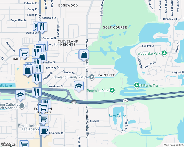 map of restaurants, bars, coffee shops, grocery stores, and more near 3562 Raintree Court in Lakeland