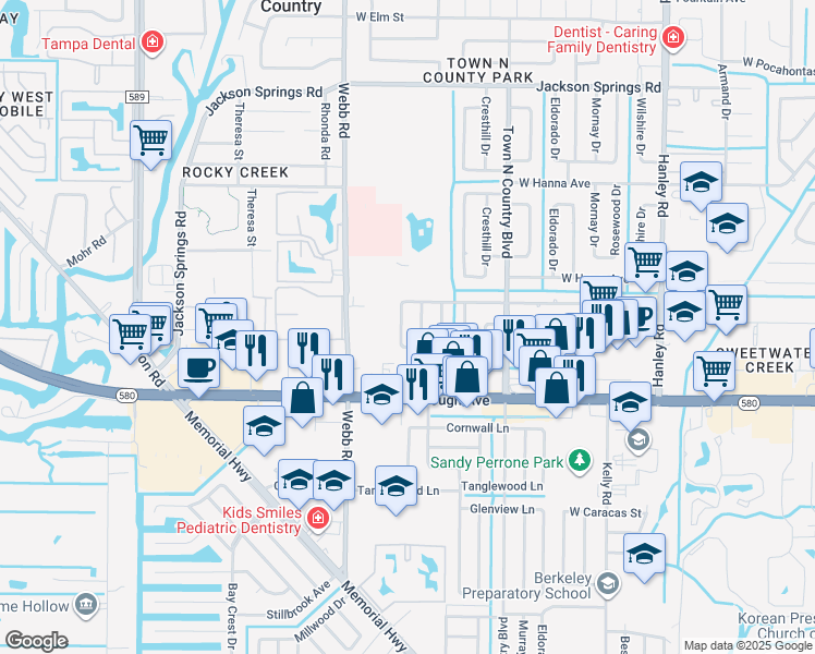map of restaurants, bars, coffee shops, grocery stores, and more near 5607 Halifax Drive in Tampa