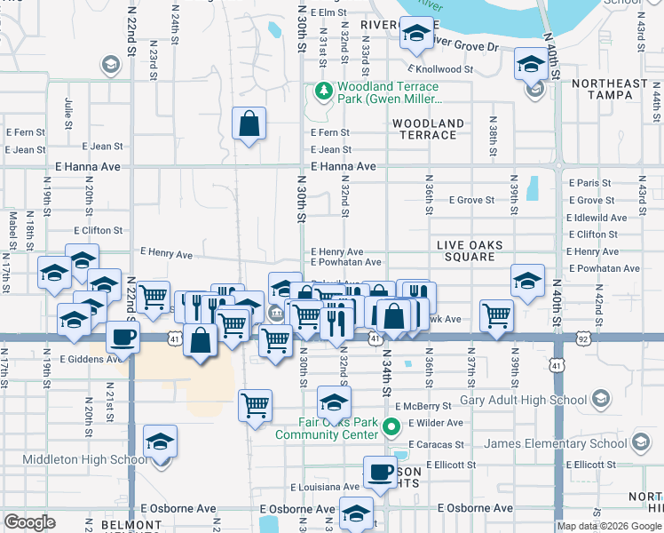 map of restaurants, bars, coffee shops, grocery stores, and more near 3021 East Powhatan Avenue in Tampa