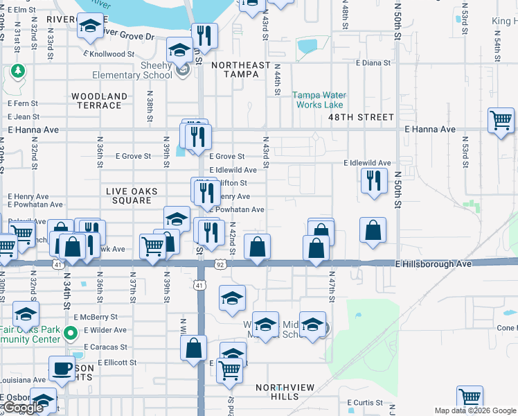 map of restaurants, bars, coffee shops, grocery stores, and more near 4229 East Powhatan Avenue in Tampa