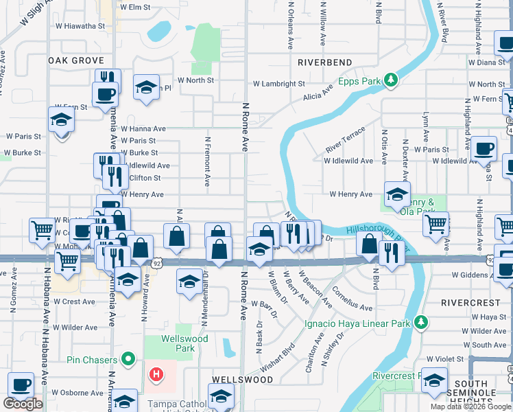 map of restaurants, bars, coffee shops, grocery stores, and more near 5707 North Rome Avenue in Tampa